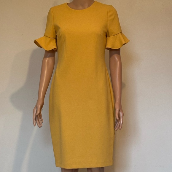 Calvin Klein Dresses & Skirts - Calvin Klein Mustard Yellow Sheath Dress Size 4 | Flutter Sleeve
